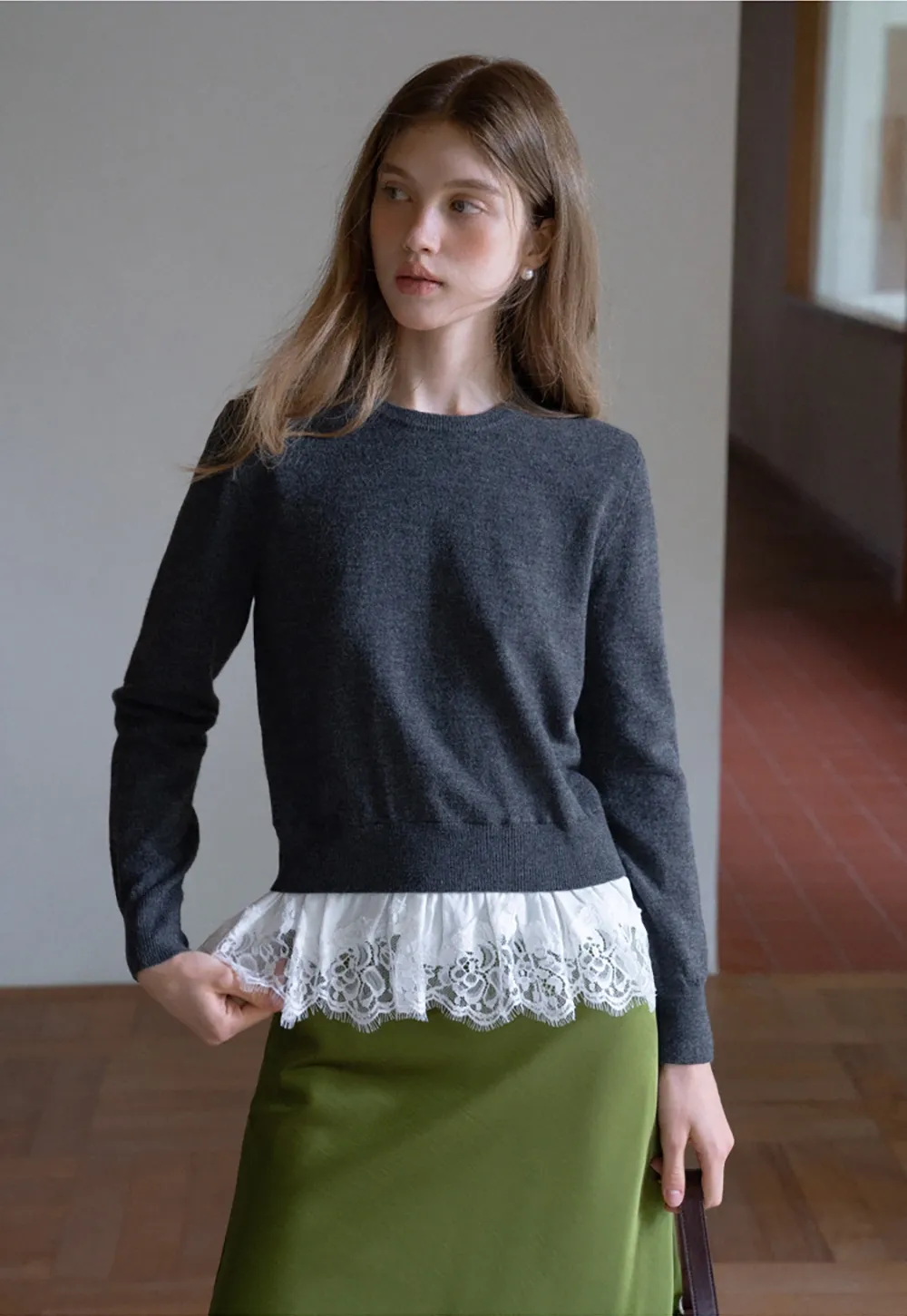 Womens Knit Sweater with Lace Hem