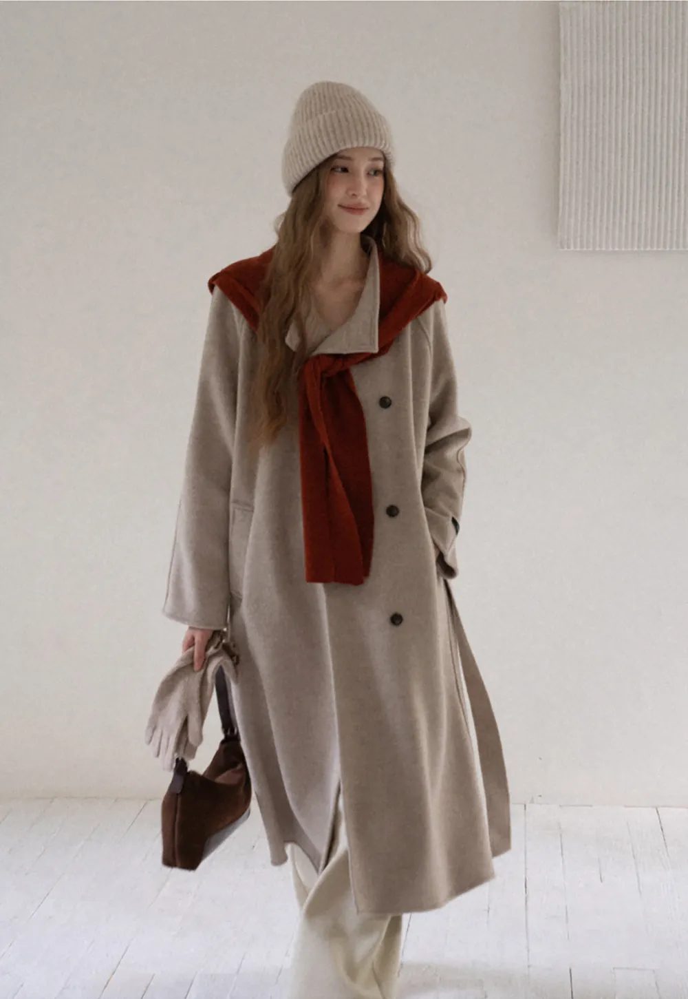 Wool Blend Belted Coat with Scarf Detail