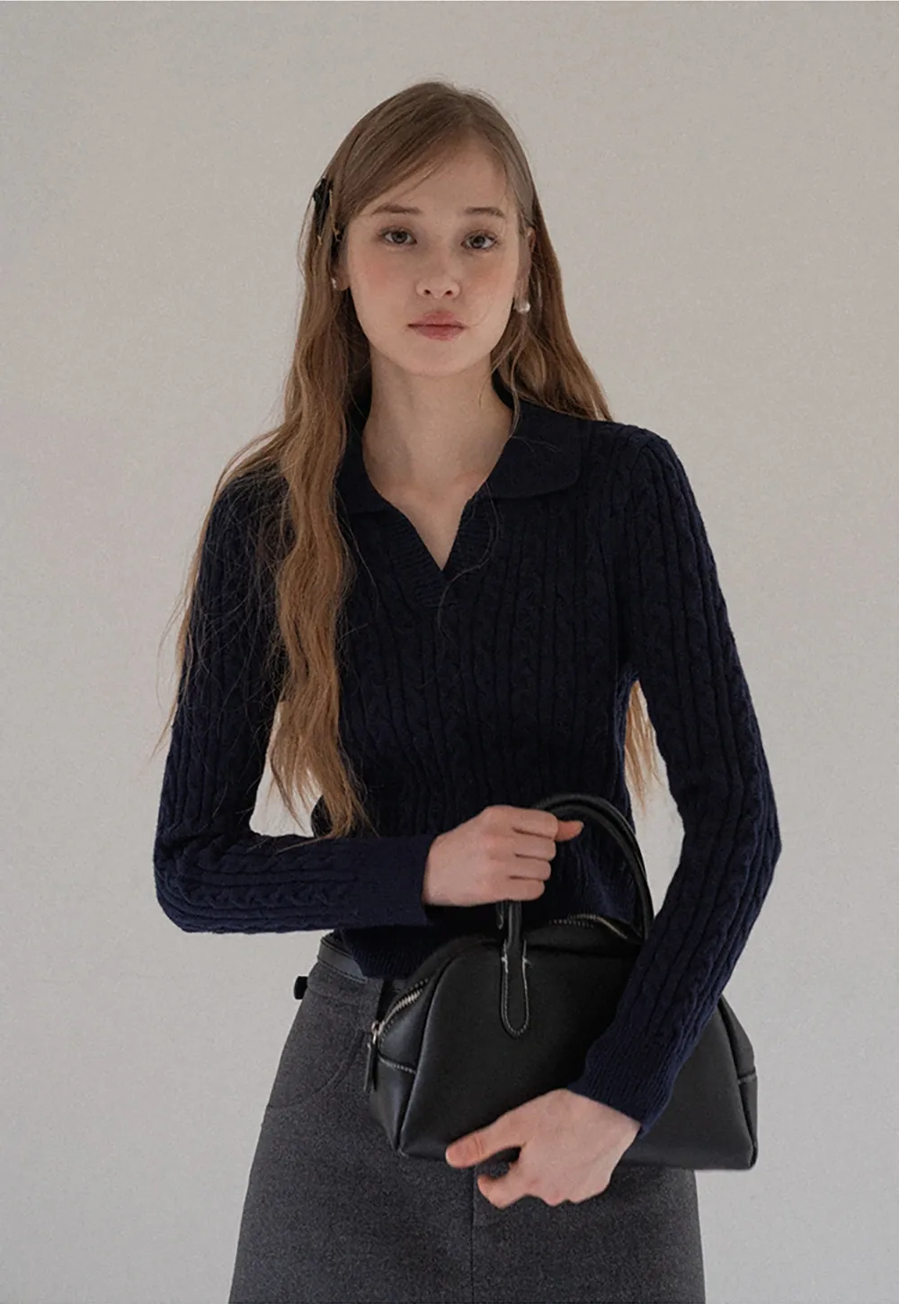 Women Cable Knit Polo Sweater Long Sleeve Slim Fit Pullover