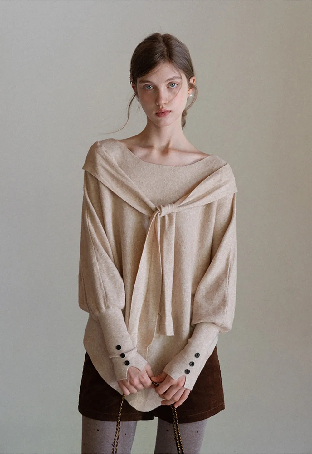 Womens Tie Collar Batwing Knit Sweater