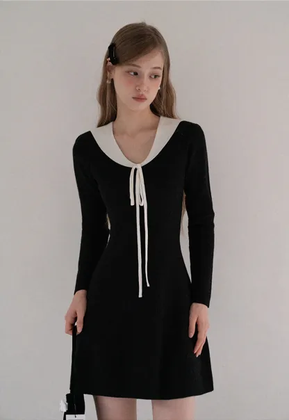 Womens Contrast Tie Collar Knit Dress