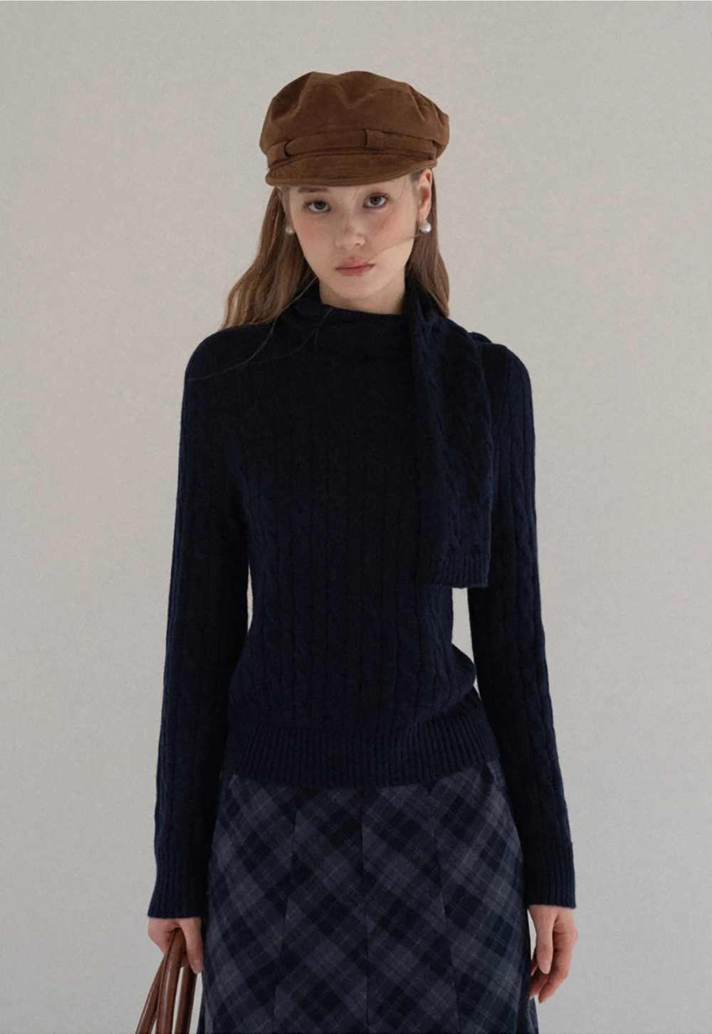 Women Cable Knit Sweater with Scarf Tie Long Sleeve