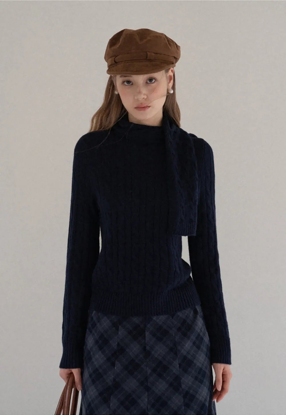 Women Cable Knit Sweater with Scarf Tie Long Sleeve