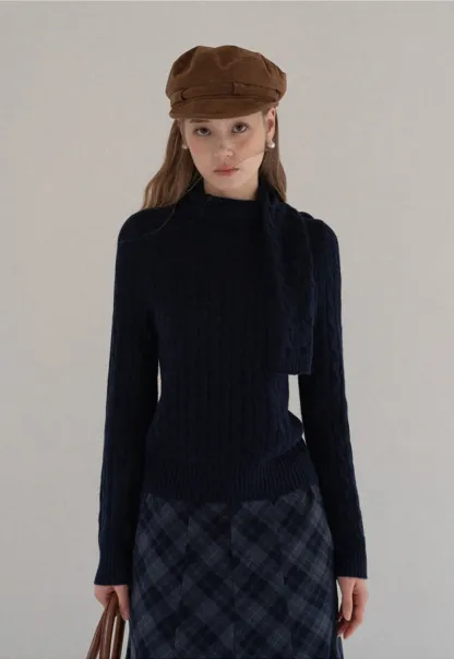 Women Cable Knit Sweater with Scarf Tie Long Sleeve