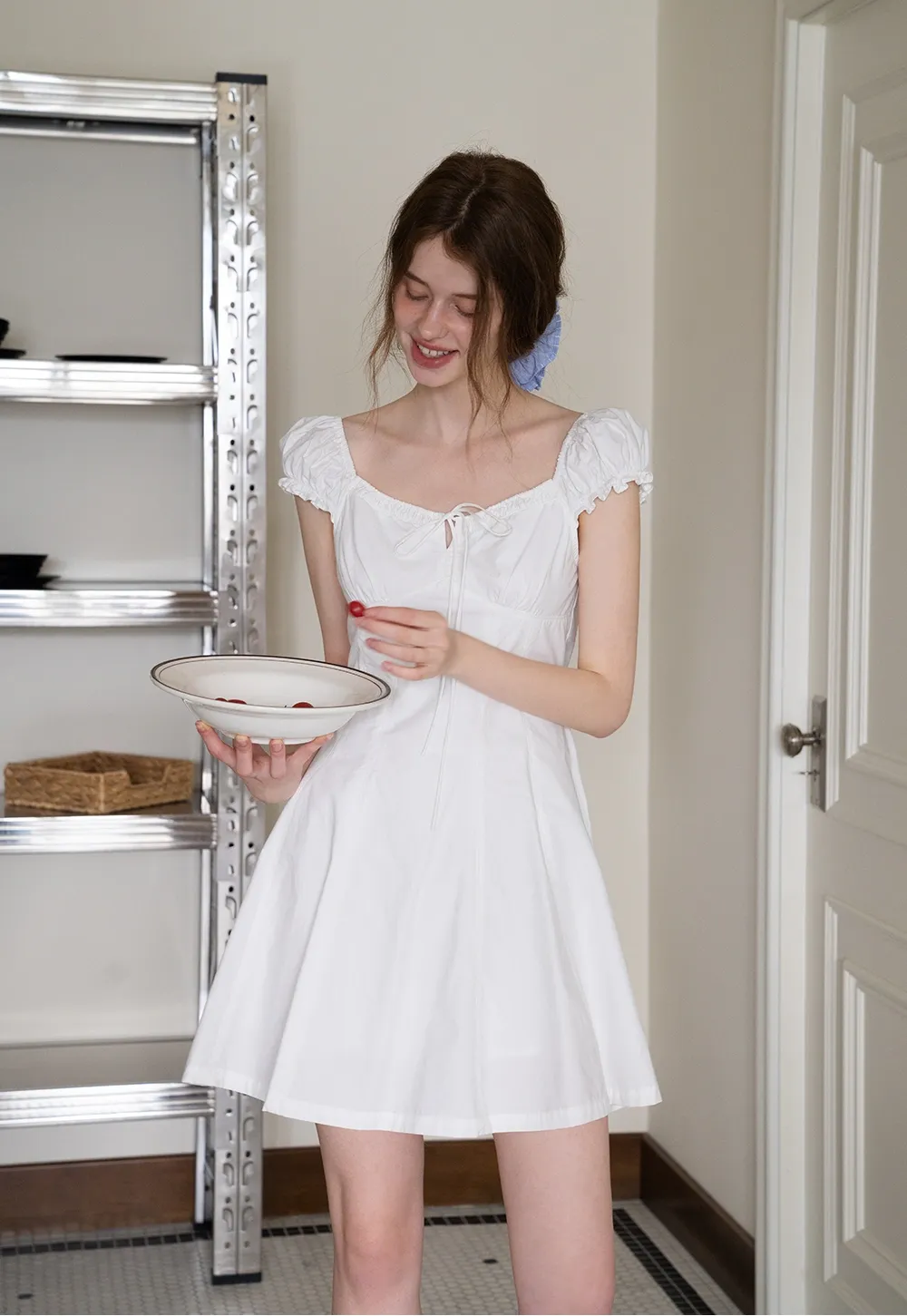 Off-Shoulder Puff Sleeve Dress with Tie