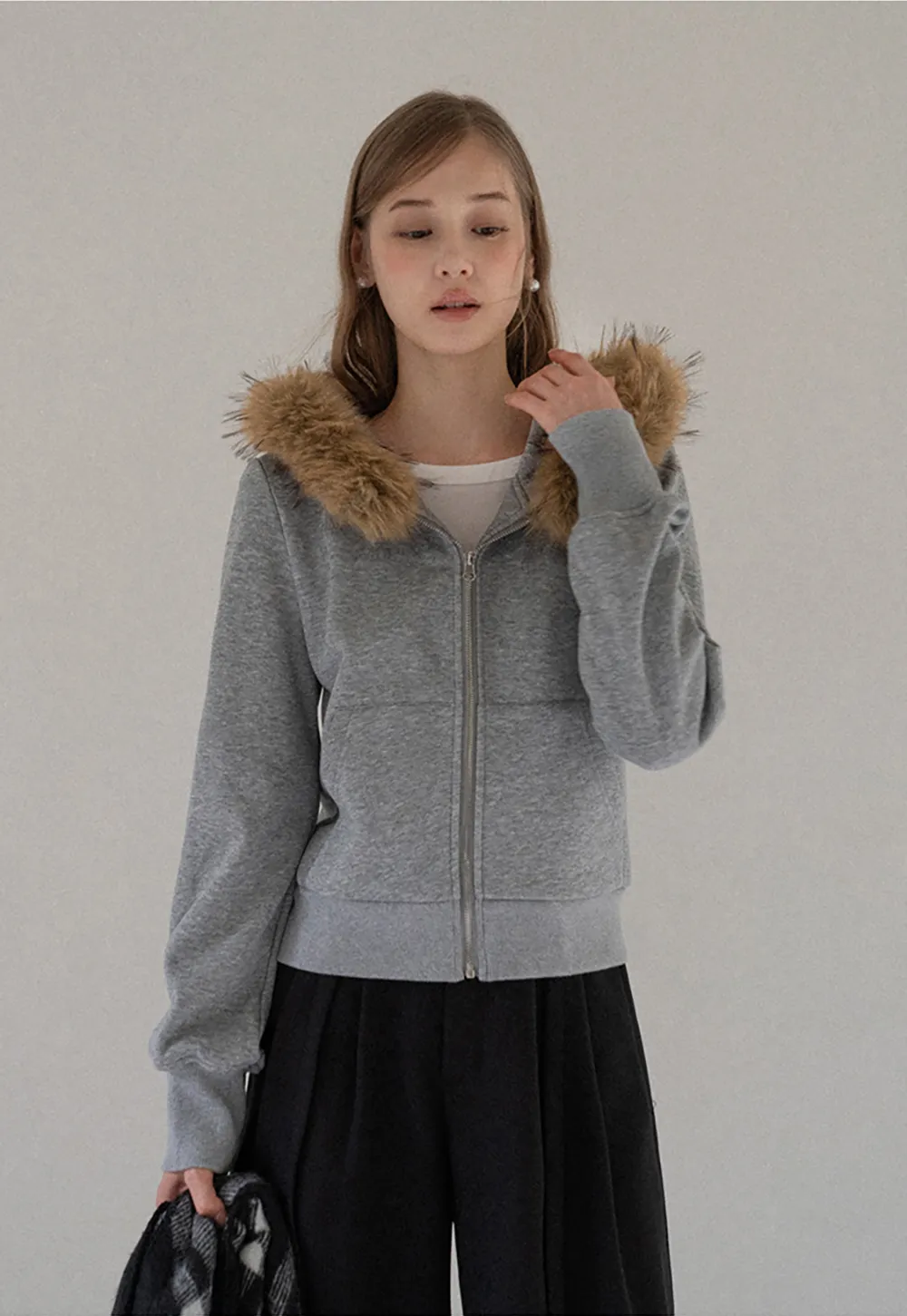 Faux Fur Trim Zip Up Hoodie