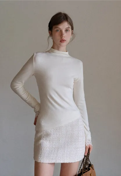 Women Cream White Lace Cuff High Neck Tee