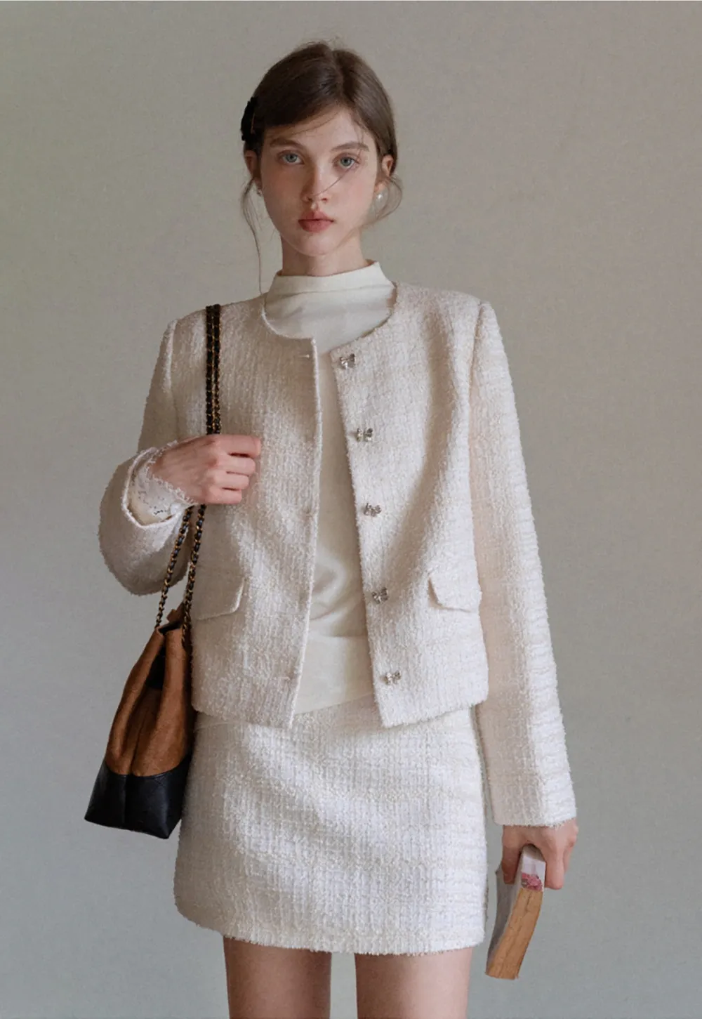 Women Elegant Tweed Skirt Suit Set with Crop Jacket