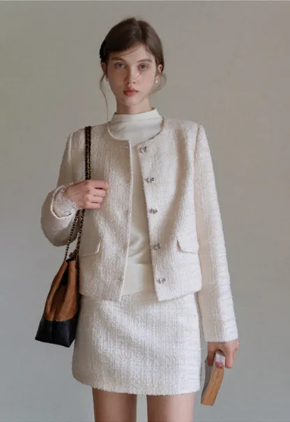 Women Elegant Tweed Skirt Suit Set with Crop Jacket