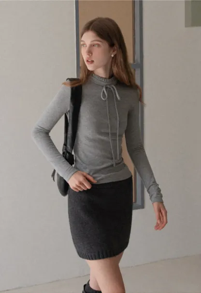 Ruffle Mock Neck Knit Top for Women Winter