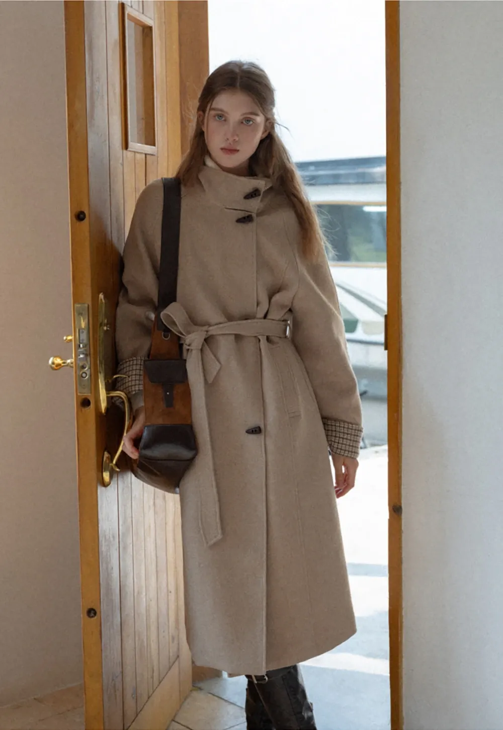 Womens Stand Collar Toggle Wool Coat with Plaid Trim