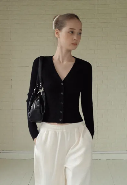 Women’s Ribbed V-Neck Cardigan with Button Detail