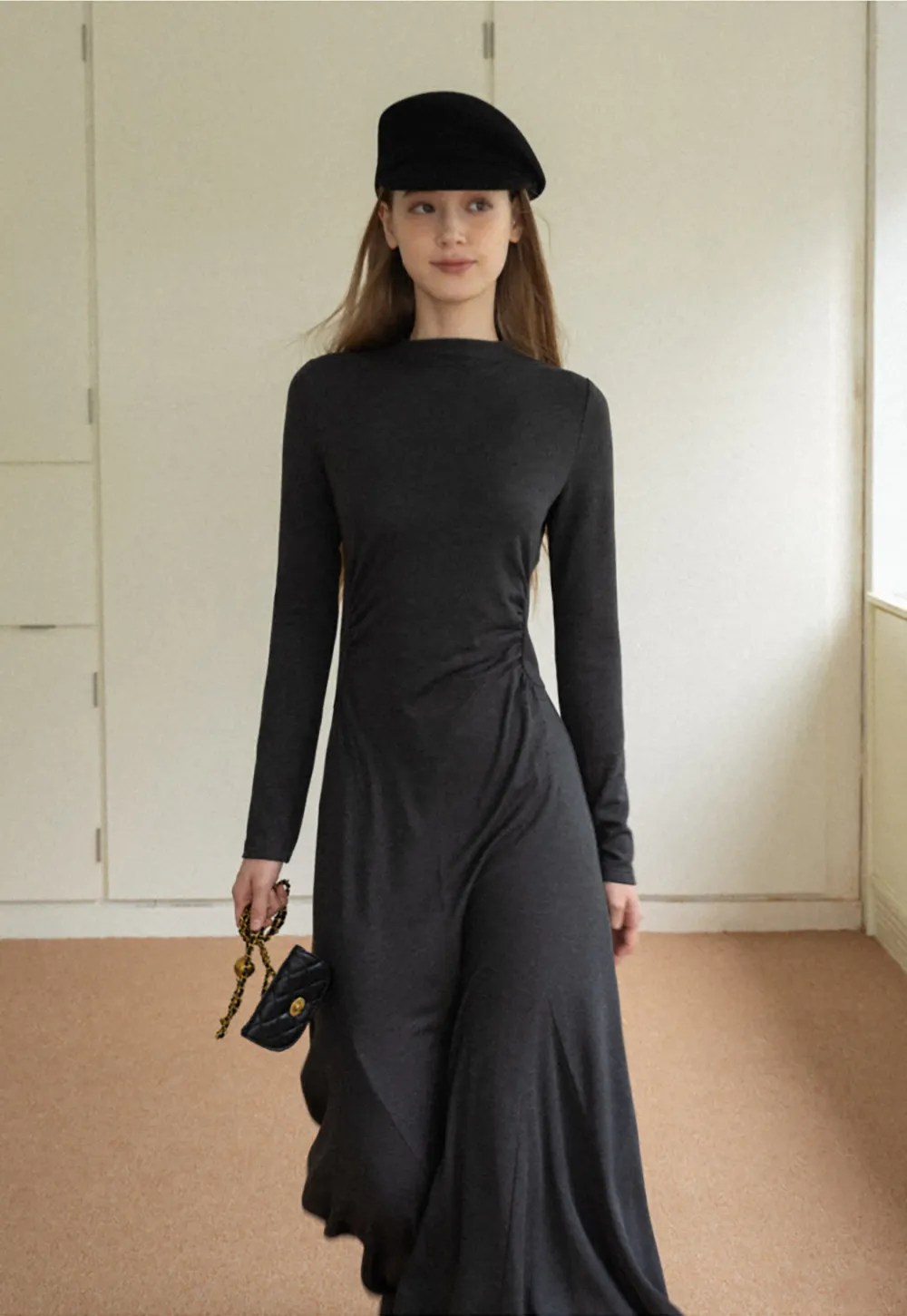 Ruched Waist Long Sleeve Midi Dress