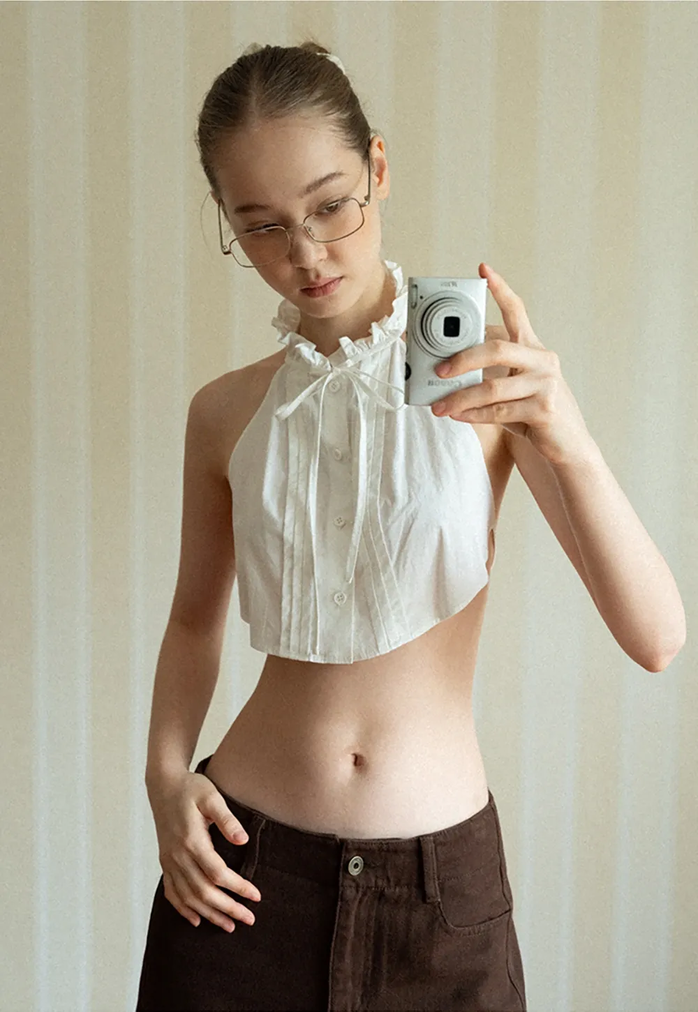 Women White Ruffle Collar Button-Down Crop Top