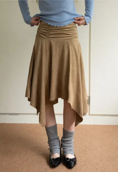 Ruched Waist Asymmetric Midi Skirt