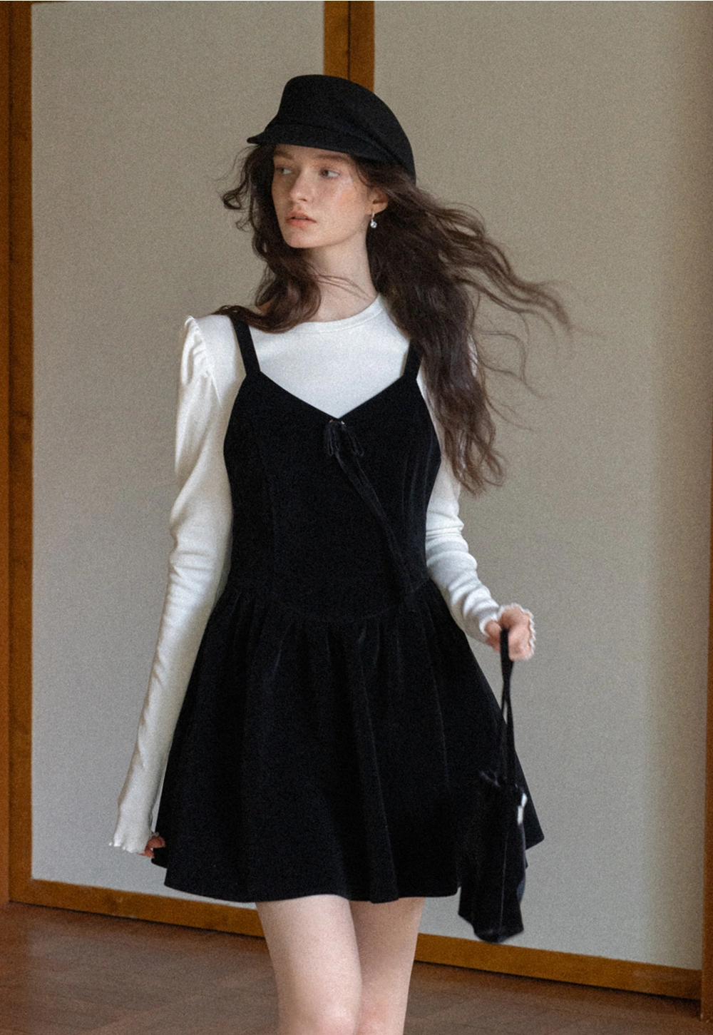 Women Black Velvet Pinafore Dress with Tie Front and Adjustable Straps
