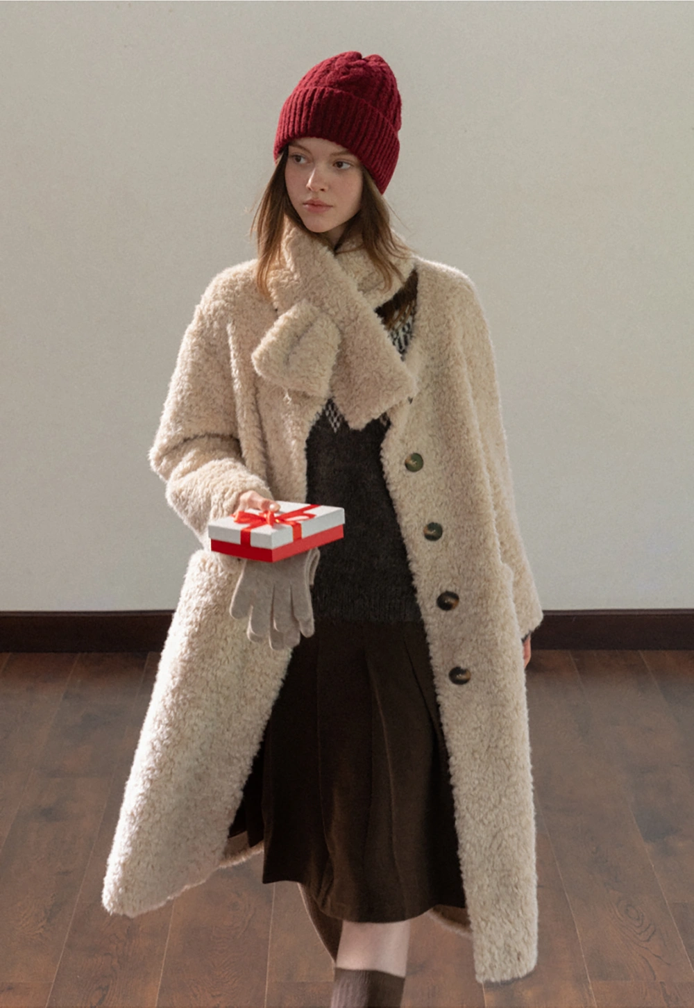 Women Long Fuzzy Teddy Coat with Attached Scarf
