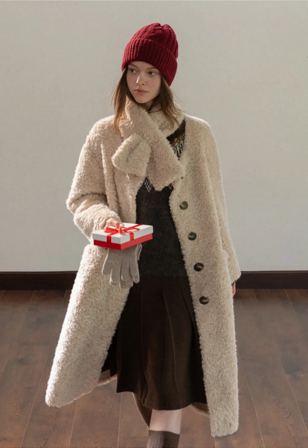 Women Long Fuzzy Teddy Coat with Attached Scarf
