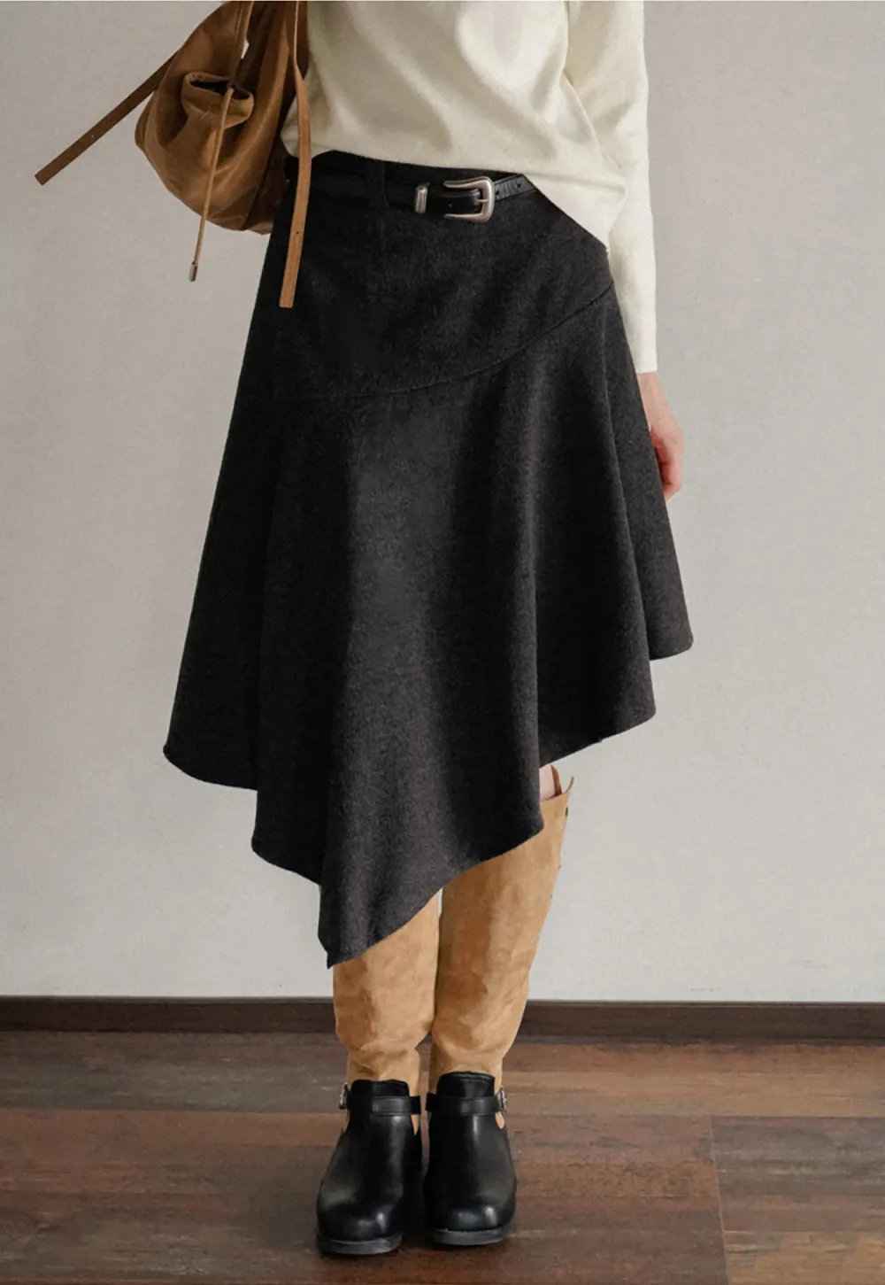 Asymmetric Wool-Blend Midi Skirt