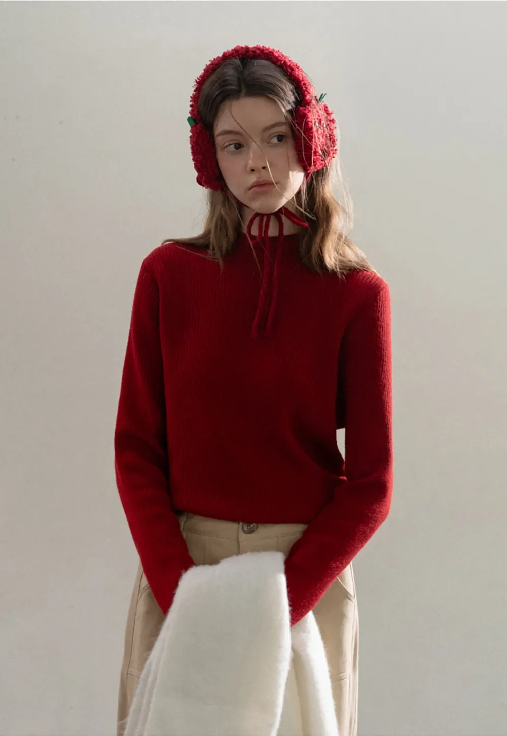 Stand-Collar Ribbed Fleece Knit Top