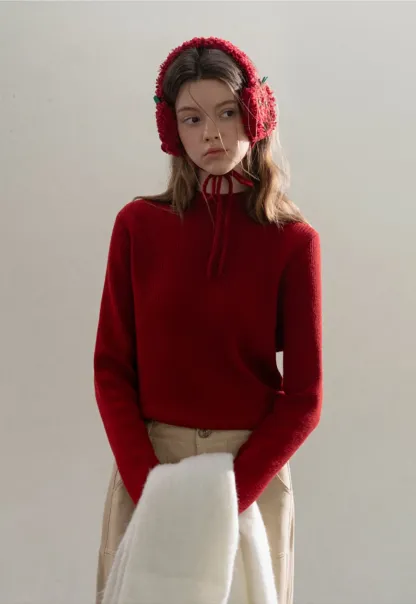 Stand-Collar Ribbed Fleece Knit Top
