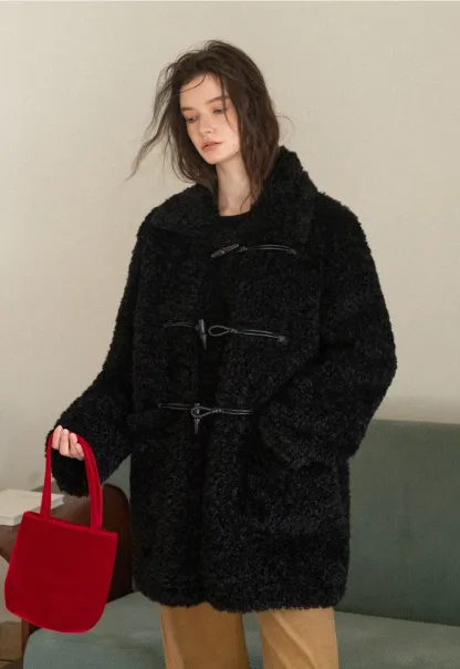 Women Fuzzy Toggle Coat Warm Winter Outerwear