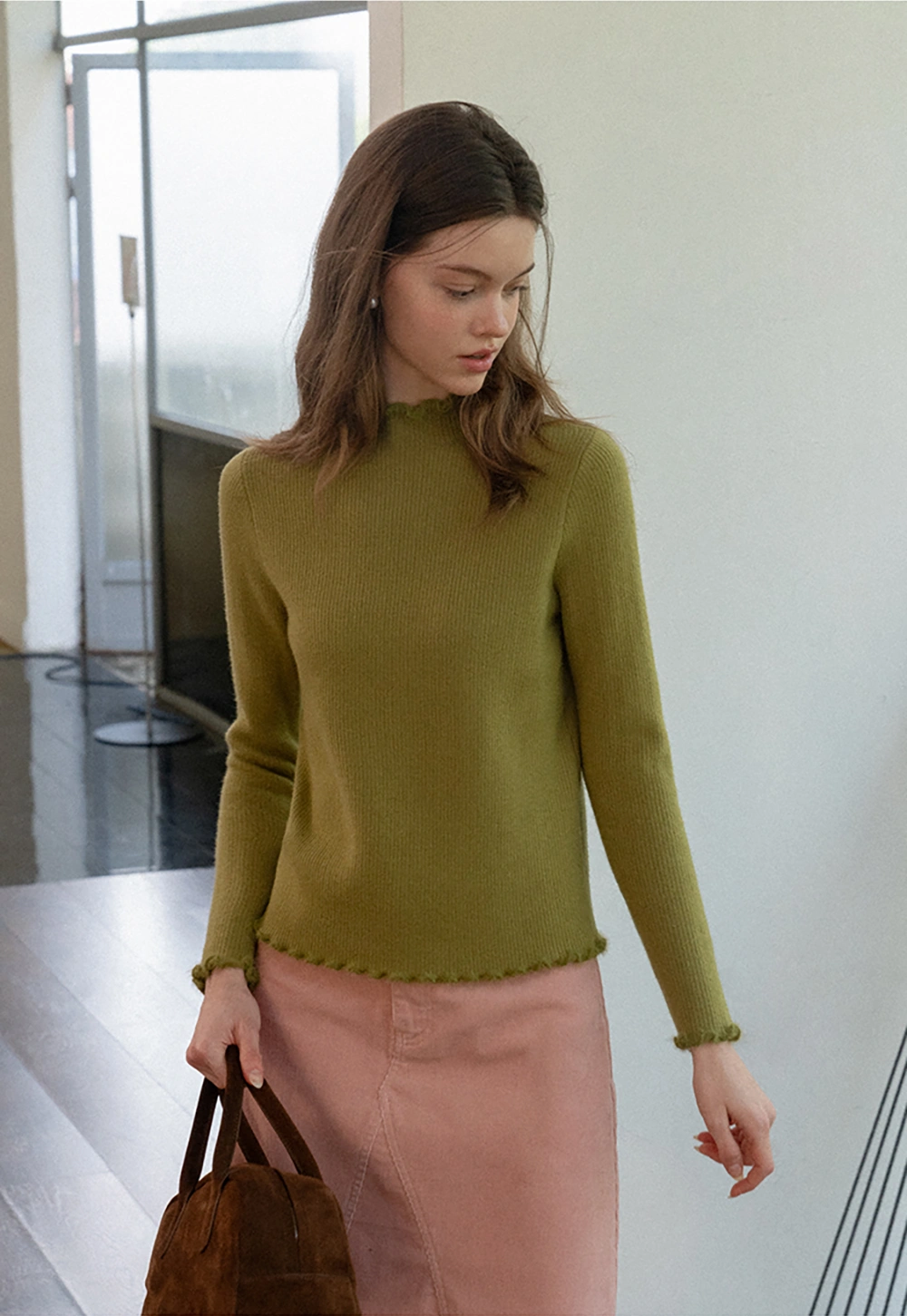 Women Basic Ribbed Sweater with Ruffled Edges