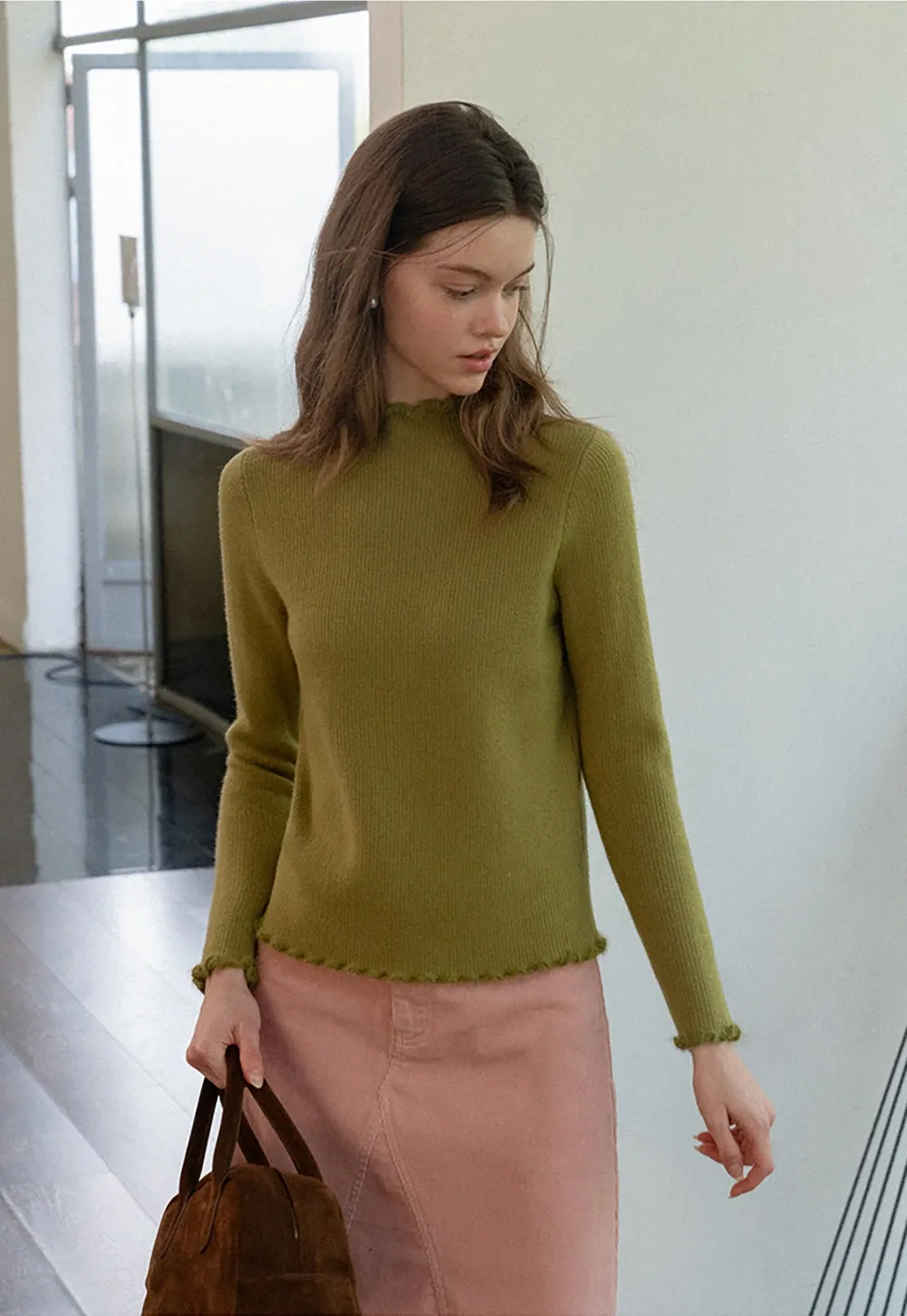 Women Basic Ribbed Sweater with Ruffled Edges
