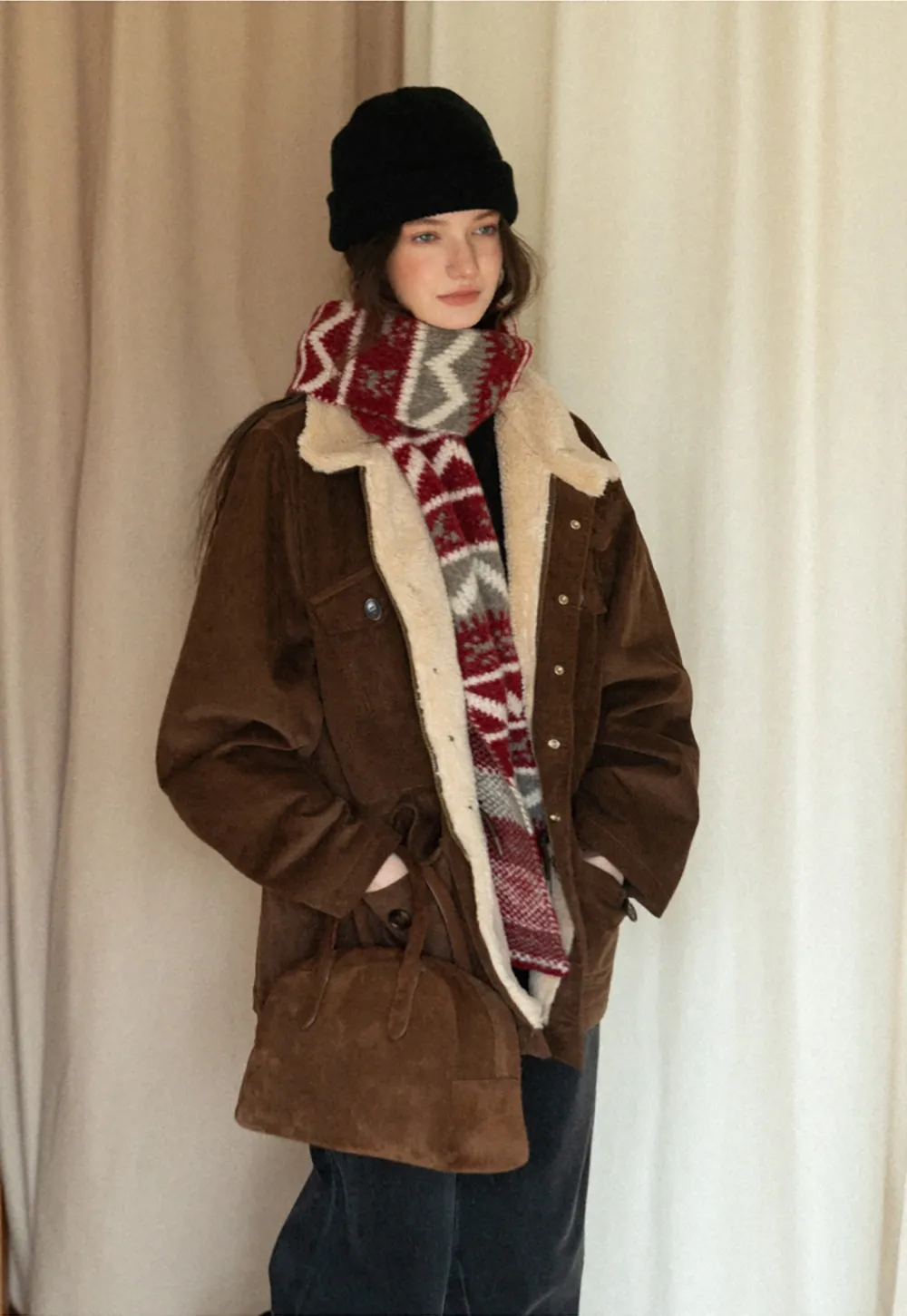 Women Casual Brown Corduroy Coat with Fleece Lining