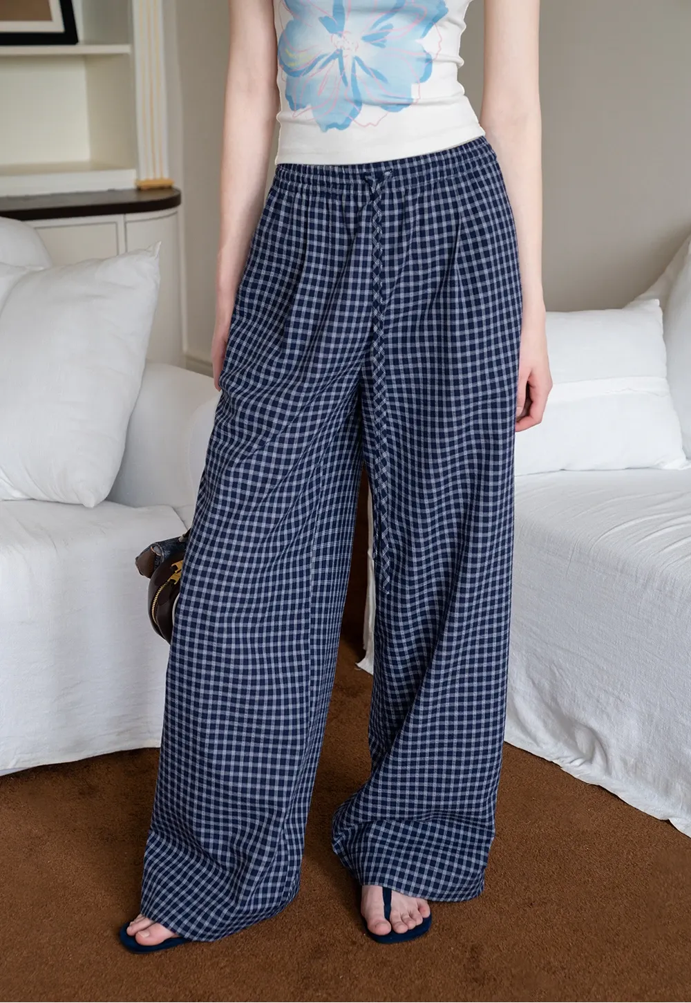 Women's Plaid Wide Leg Lounge Pants with Elastic Waist