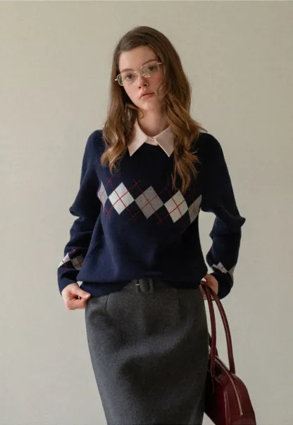 Navy Blue Sweater with Argyle Pattern for Women