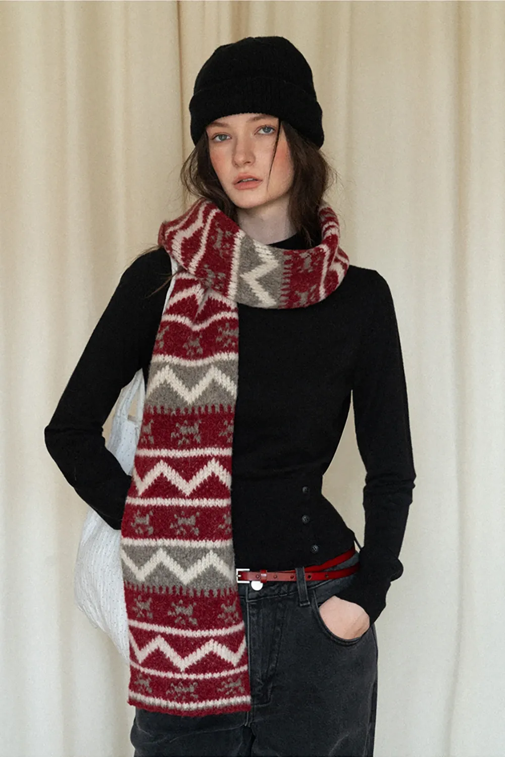 Stylish Fair Isle Patterned Long Knitted Scarf