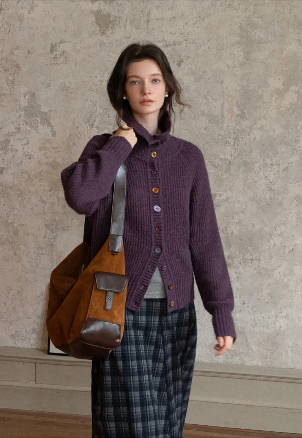 Color Button High Neck Ribbed Cardigan