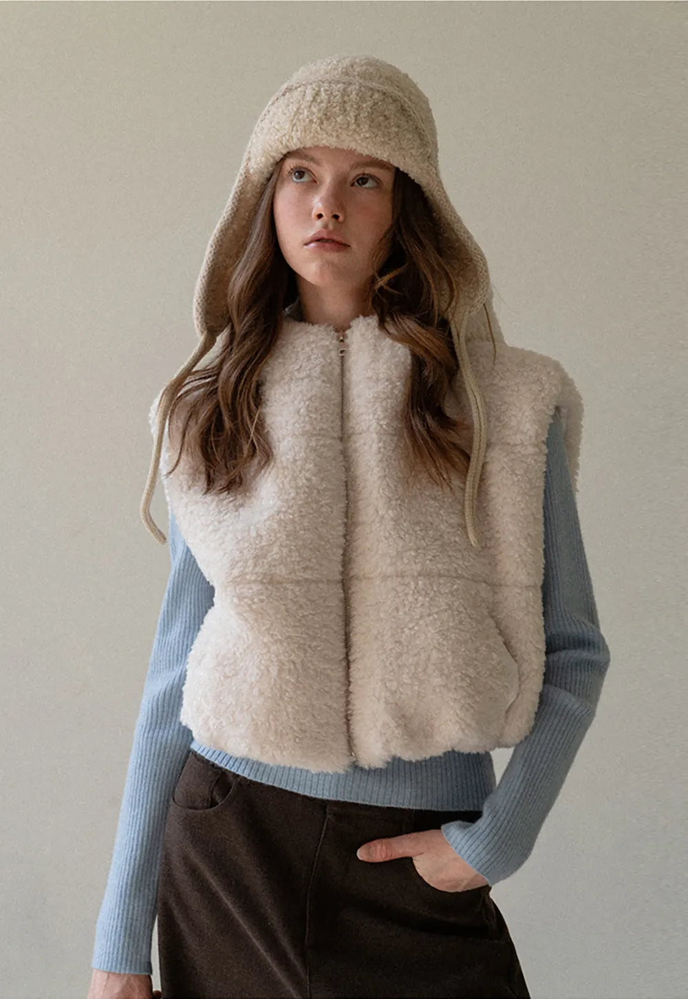 Faux Shearling Zip Vest in Beige