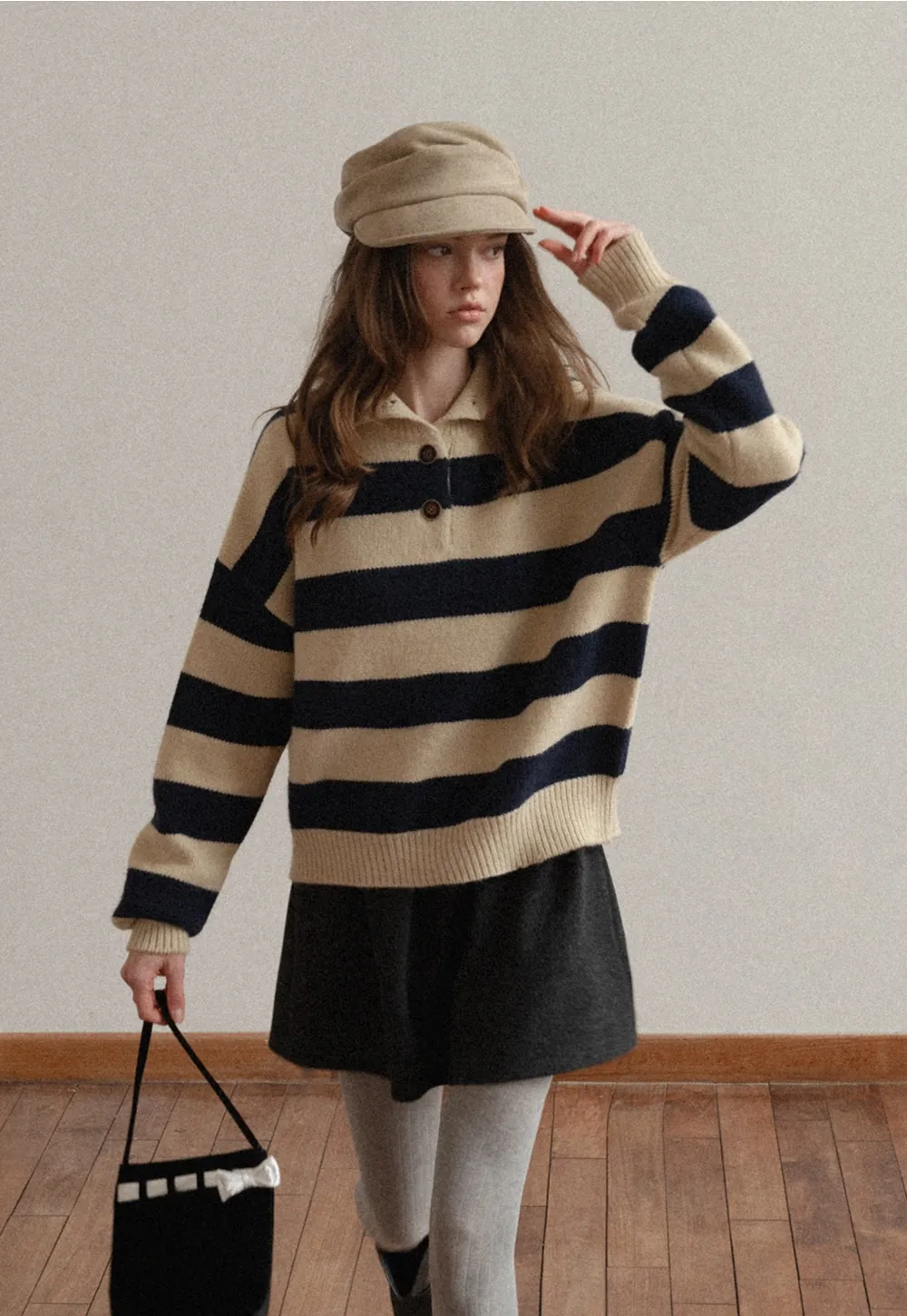 Striped Button-Down Sweater with Cozy Collar