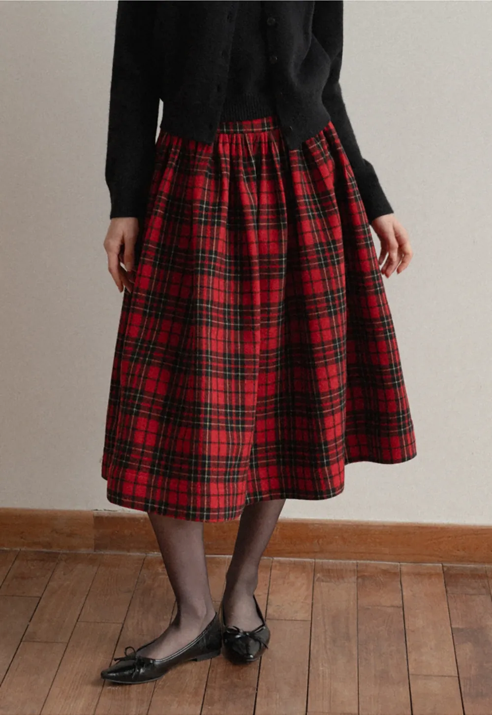 Plaid Midi Skirt with Elastic Waist for Women