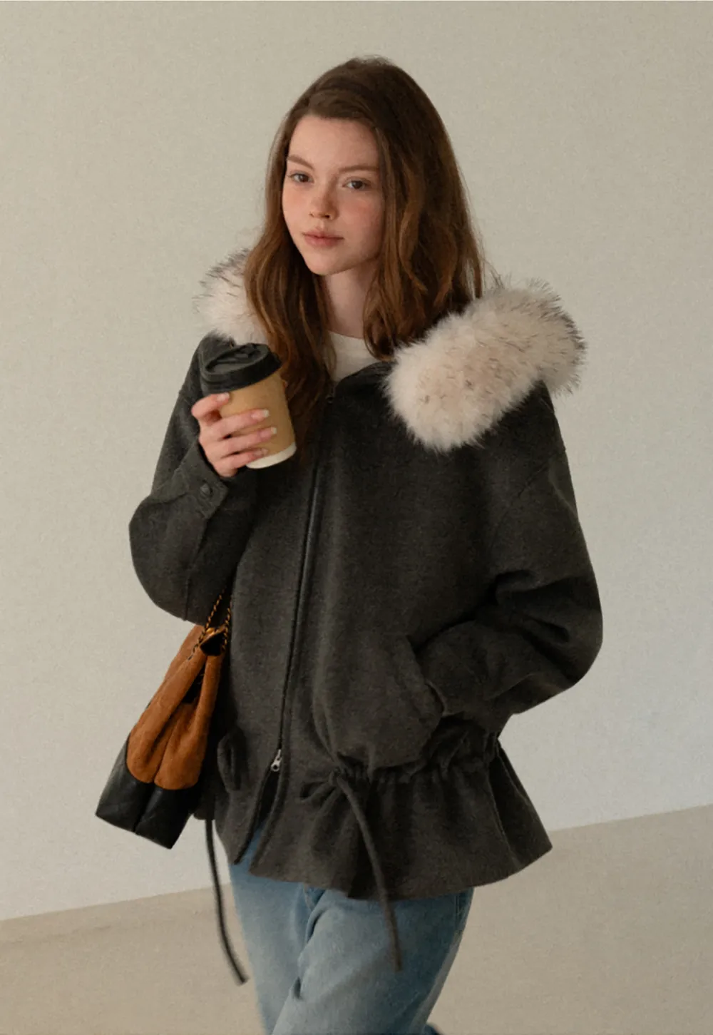 Faux-Fur Trim Hooded Charcoal Jacket