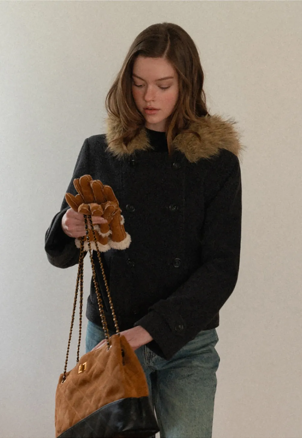 Hooded Wool Coat with Quilted Lining and Wool Collar