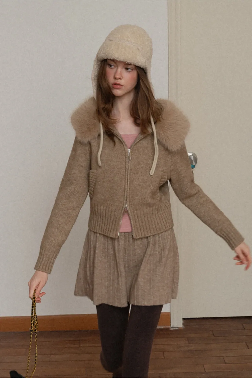 Zip Sweater and Pleated Skirt Combo