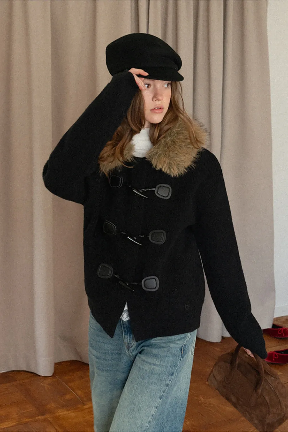 Faux Fur Hooded Cable Knit Sweater