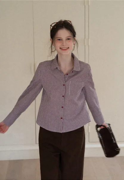 Women Classic Gingham Checkered Button-Up Shirt