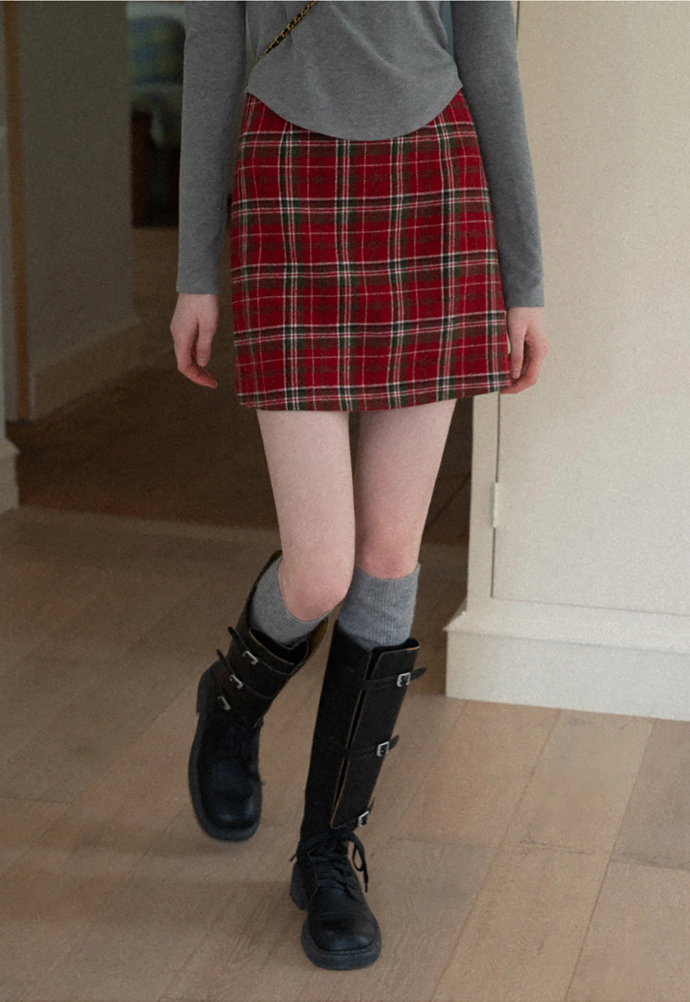 Plaid Mini Skirt and Knee-High Boots Casual Style
