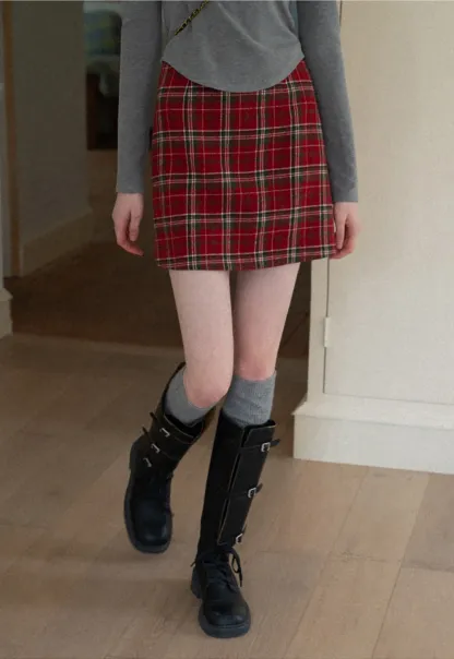 Plaid Mini Skirt and Knee-High Boots Casual Style