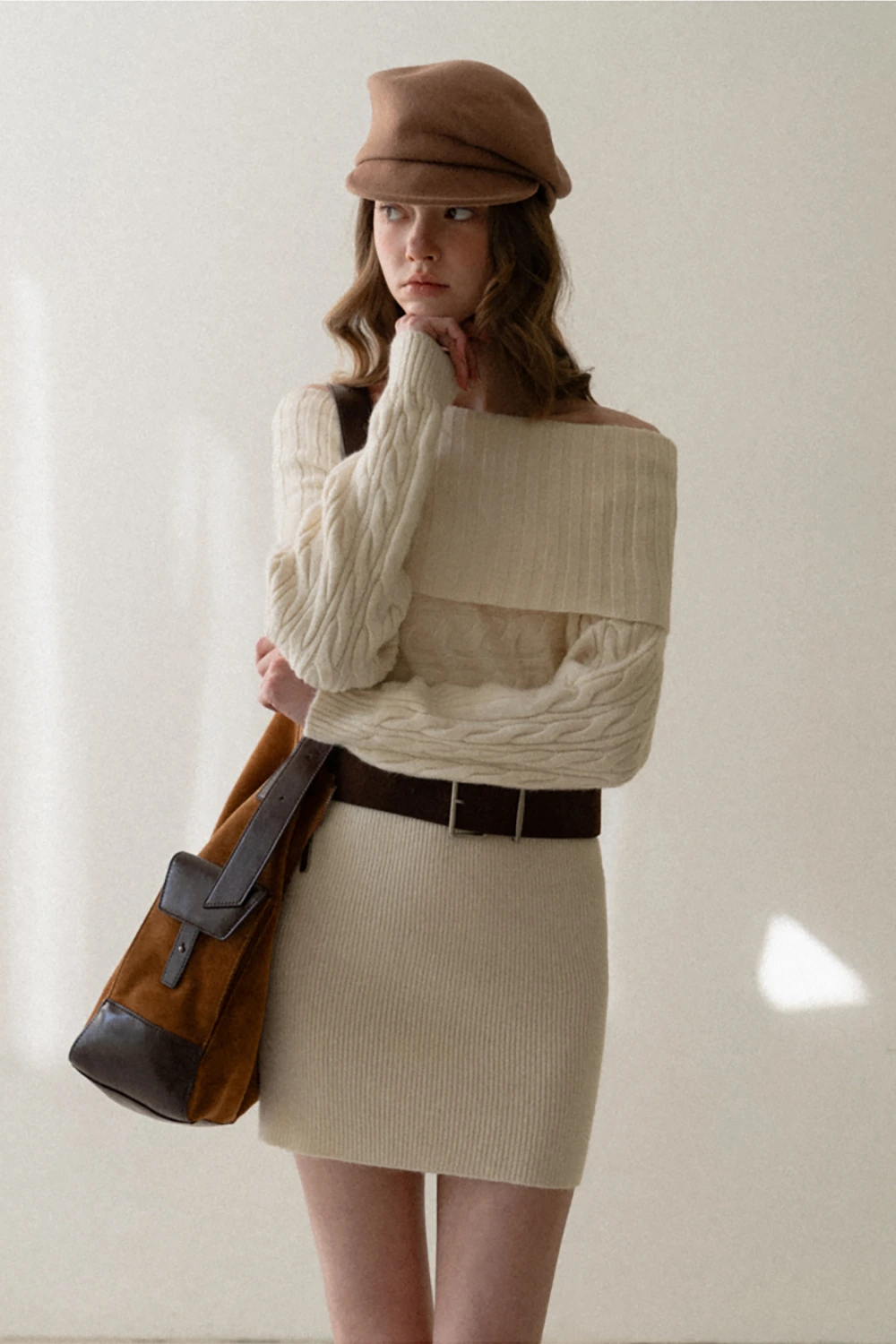 Off-Shoulder Cable Knit Waist-Cinching Dress