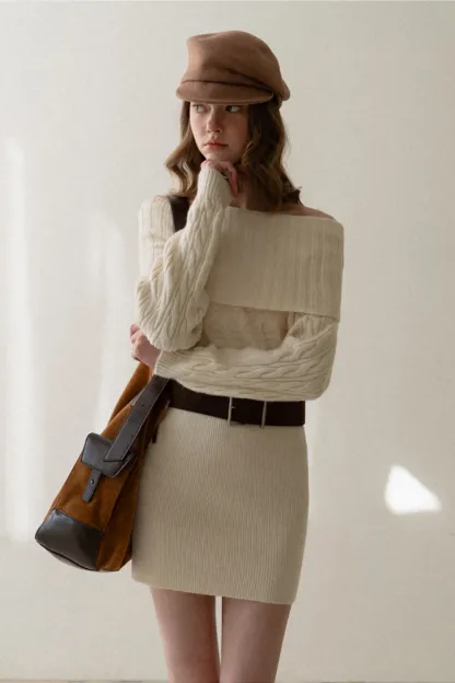 Off-Shoulder Cable Knit Waist-Cinching Dress
