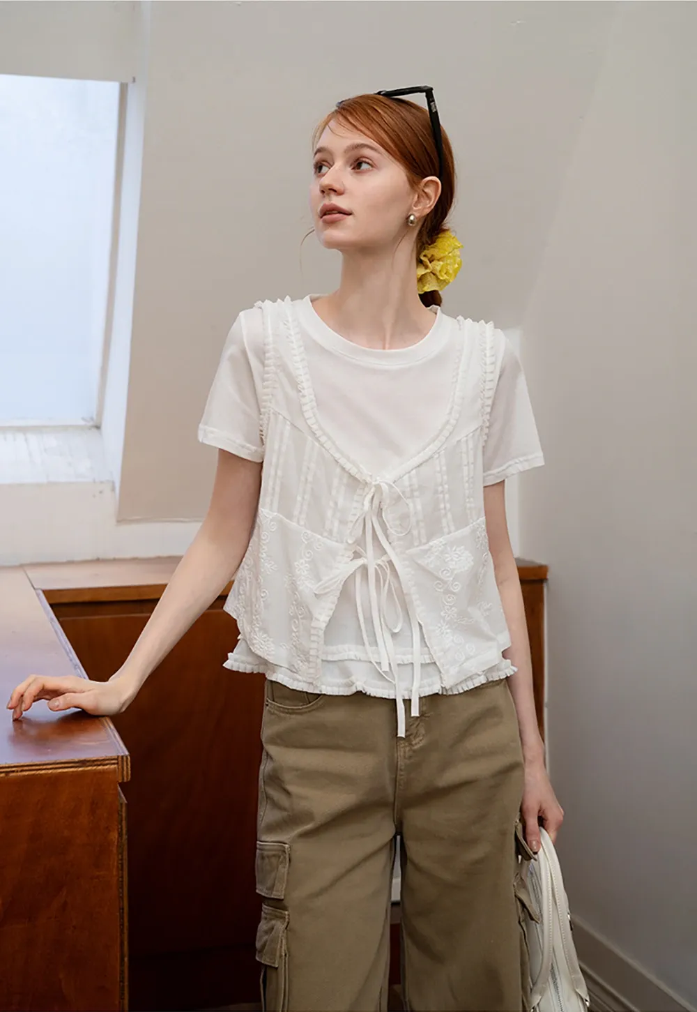 Women’s White Ruffle-Tiered Tie Shirts