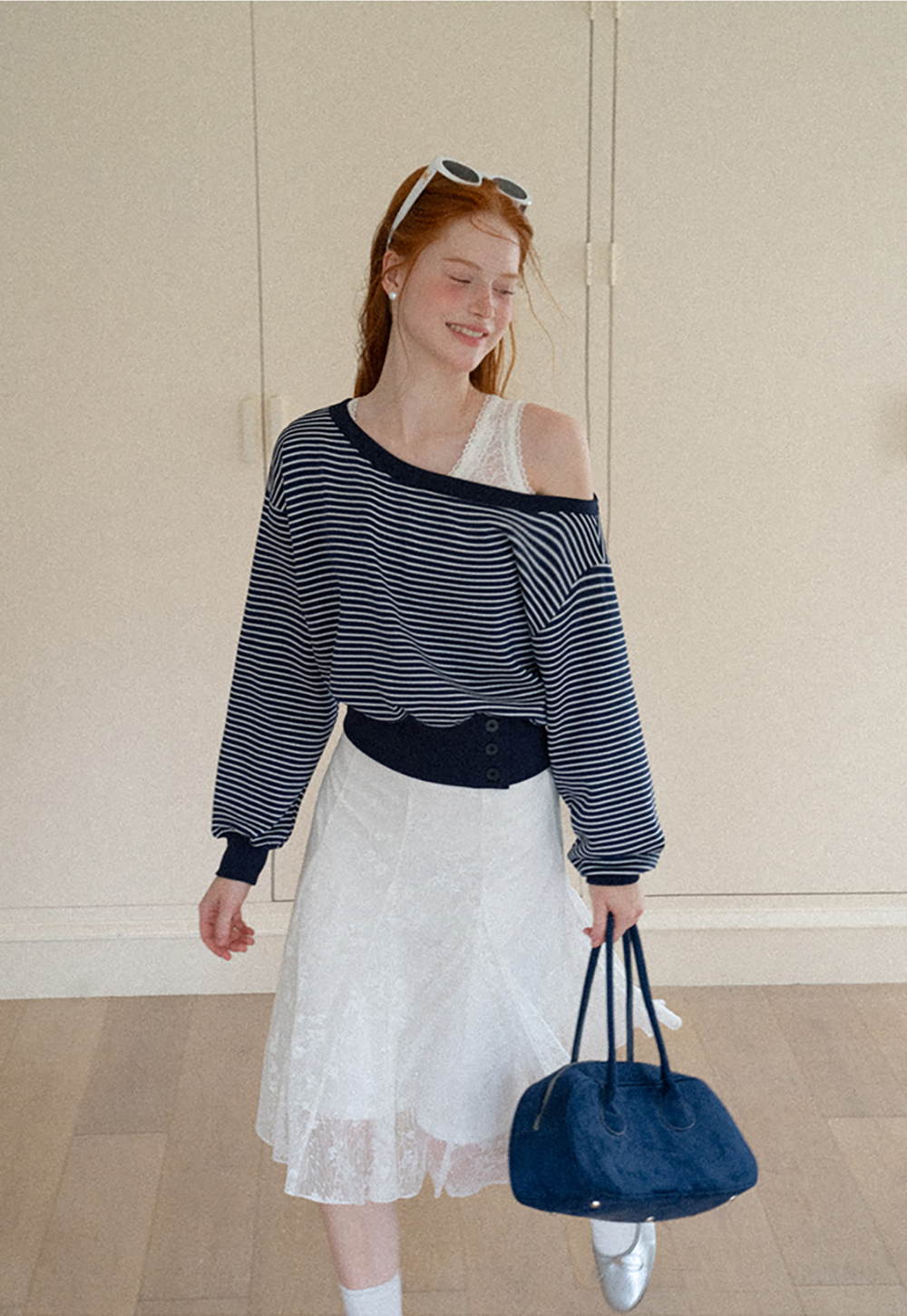 Off-the-Shoulder Striped Sweatshirt and Lace Tank Top Set