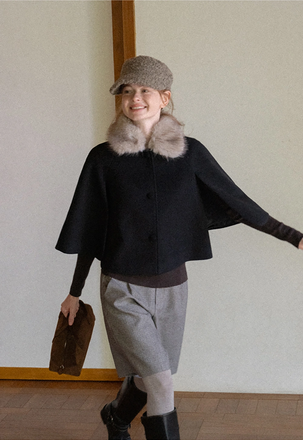 Faux Fur Trimmed Cape Wool Coat