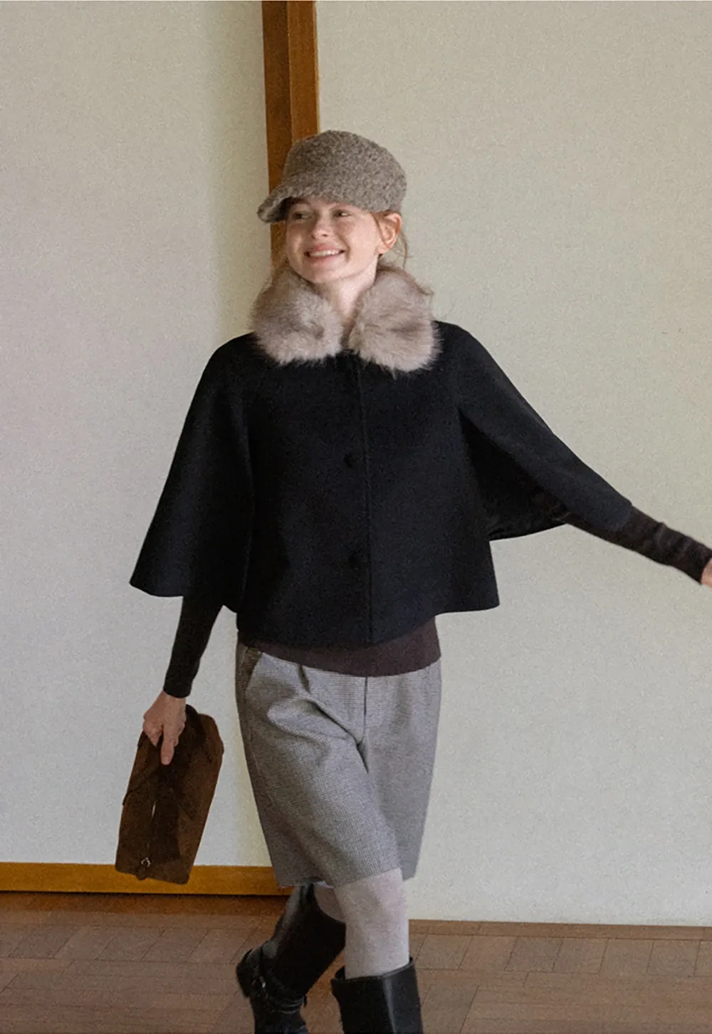 Faux Fur Trimmed Cape Wool Coat