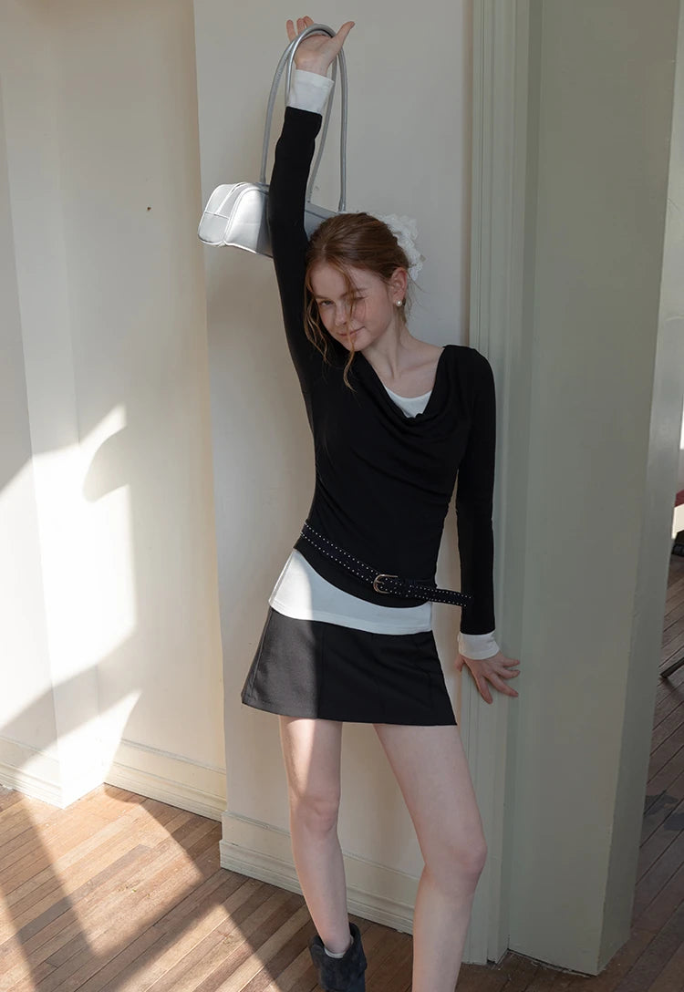 Women's Layered Drape-Neck Long Sleeve Top